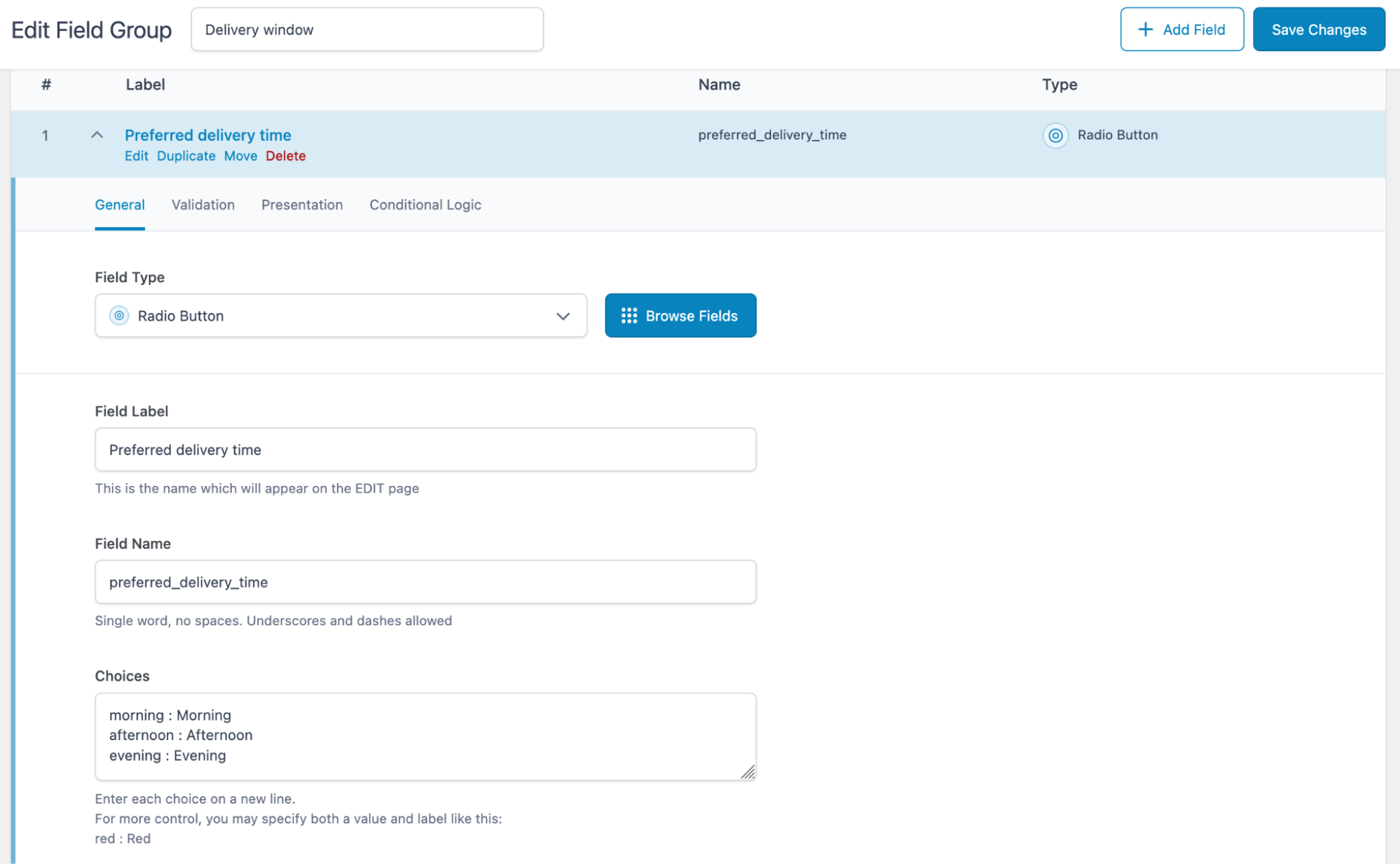 ACF delivery window field group for checkout