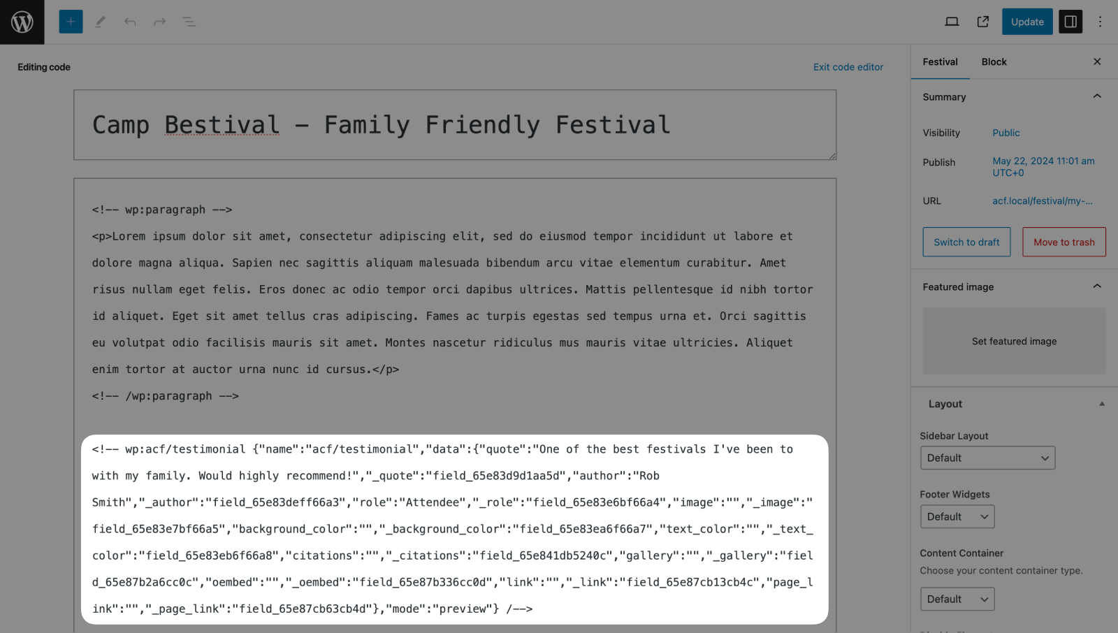 ACF Blocks field values stored in post content comment