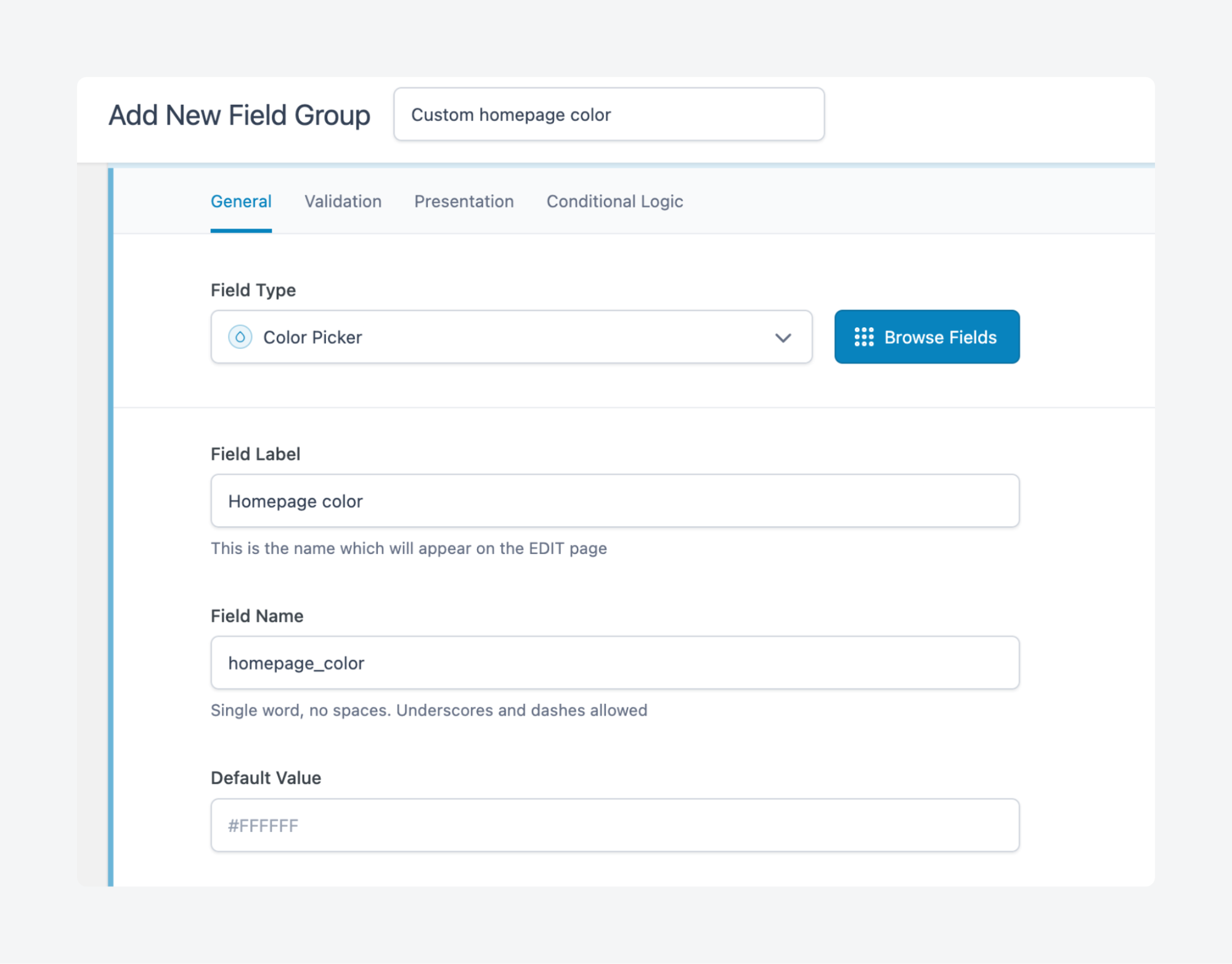 Creating a color picker field for homepage color