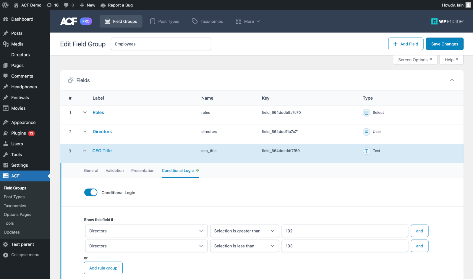 Selecting a user for conditional logic field rules - before