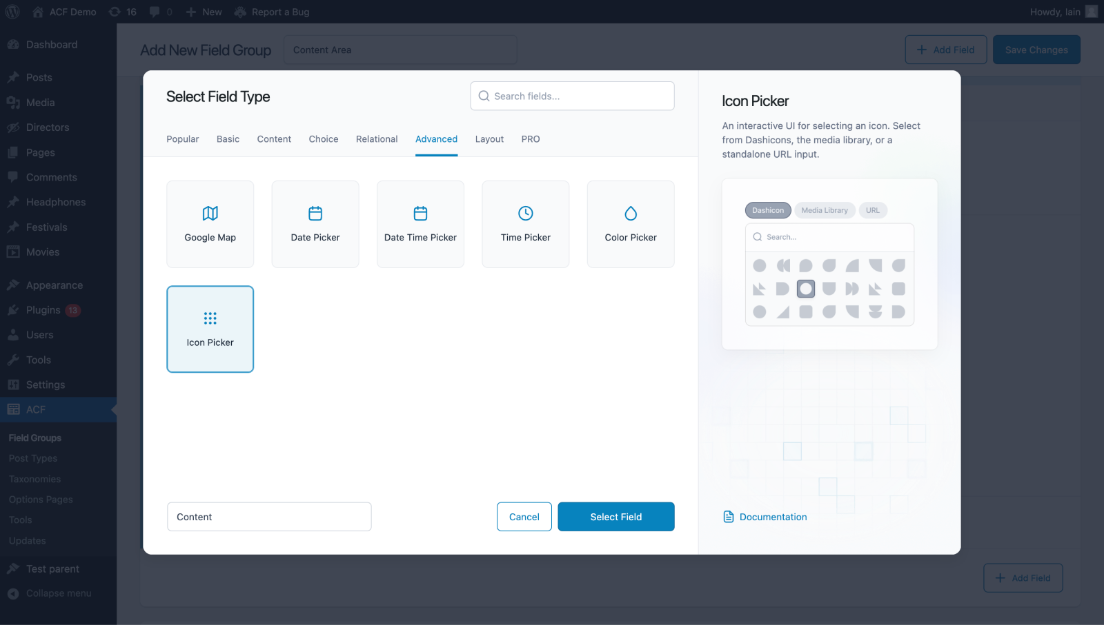 New Icon Picker field type in field group editor