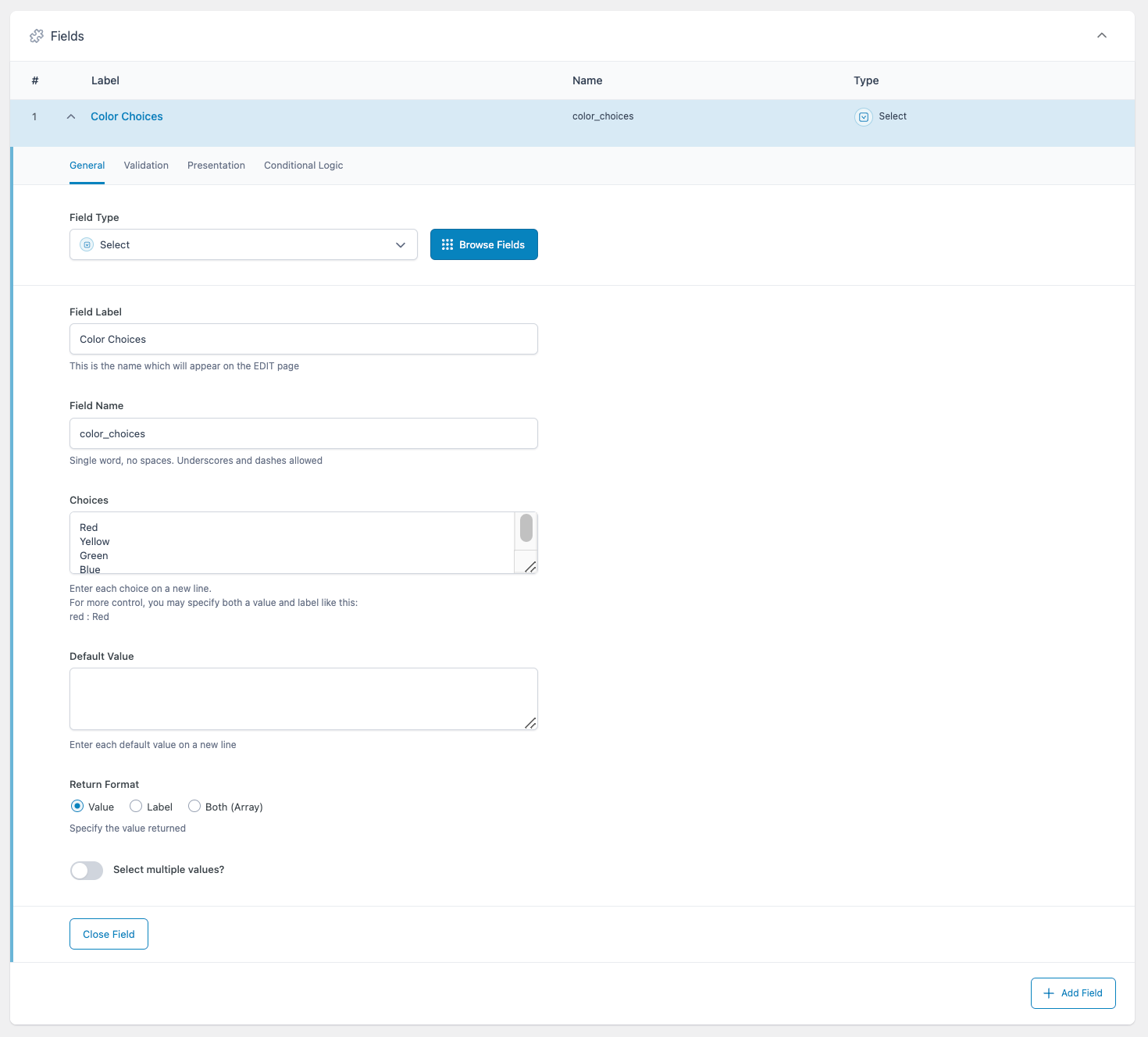 Creating a Select field in an ACF field group. 