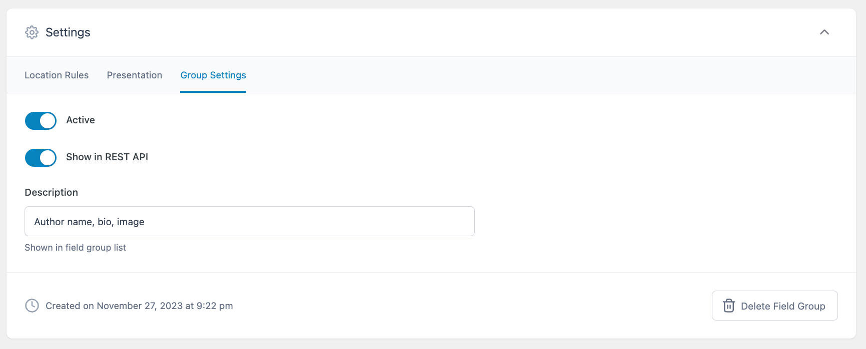 The Group Settings tab for an ACF field group, with “Show in REST API” toggled on.