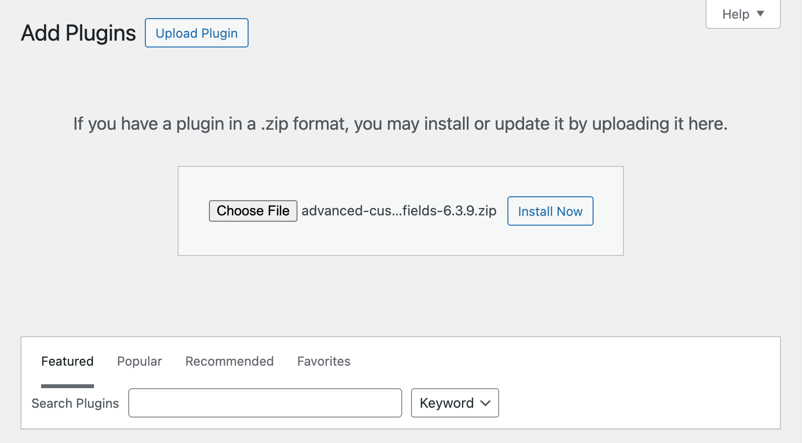 The "Add Plugins" screen in WordPress, showing an ACF zip file ready to install. 
