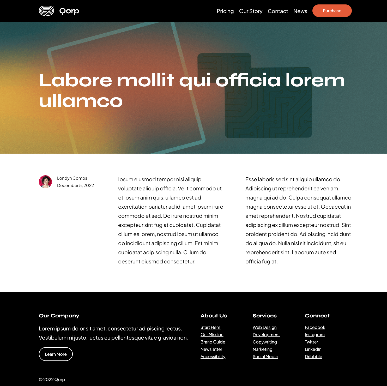 A screenshot of the Qorp blog. As we haven't added any subfields within the Flexible Content field, it only displays the current post, without the call to action, related posts, and trust signals sections.